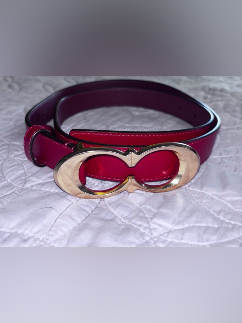 Coach Women's Red Leather Belt with Gold Double-Loop Buckle